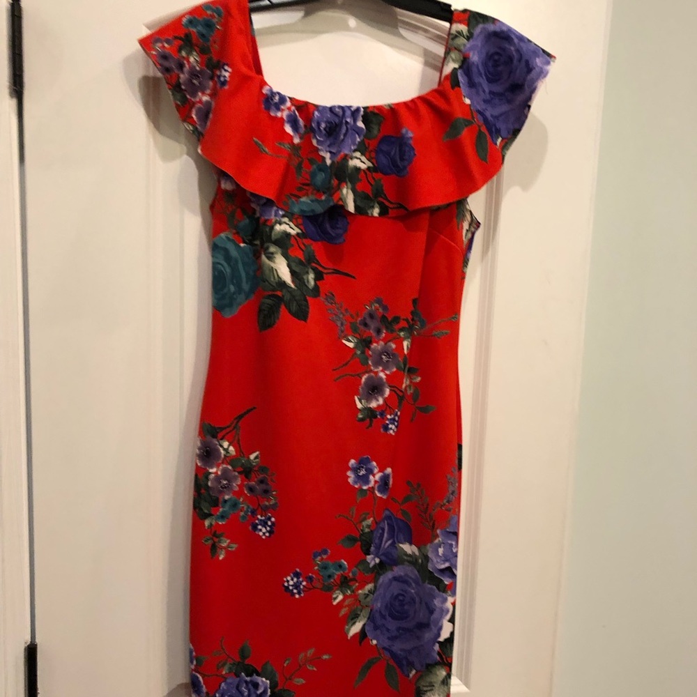 Orange floral off the shoulder dress